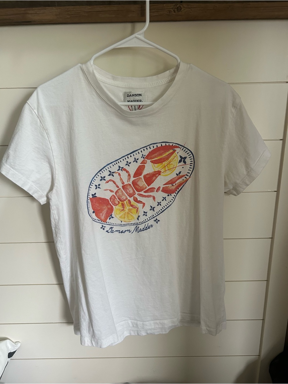 Damson Madder White Graphic Tee with Red & Yellow Lobster Print
